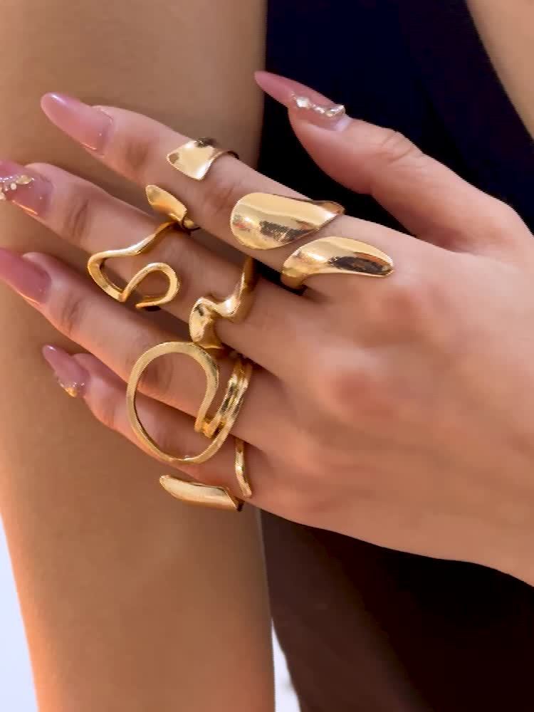 6pcs Hip Hop Style Adjustable Rings Geometric & Abstract Designs